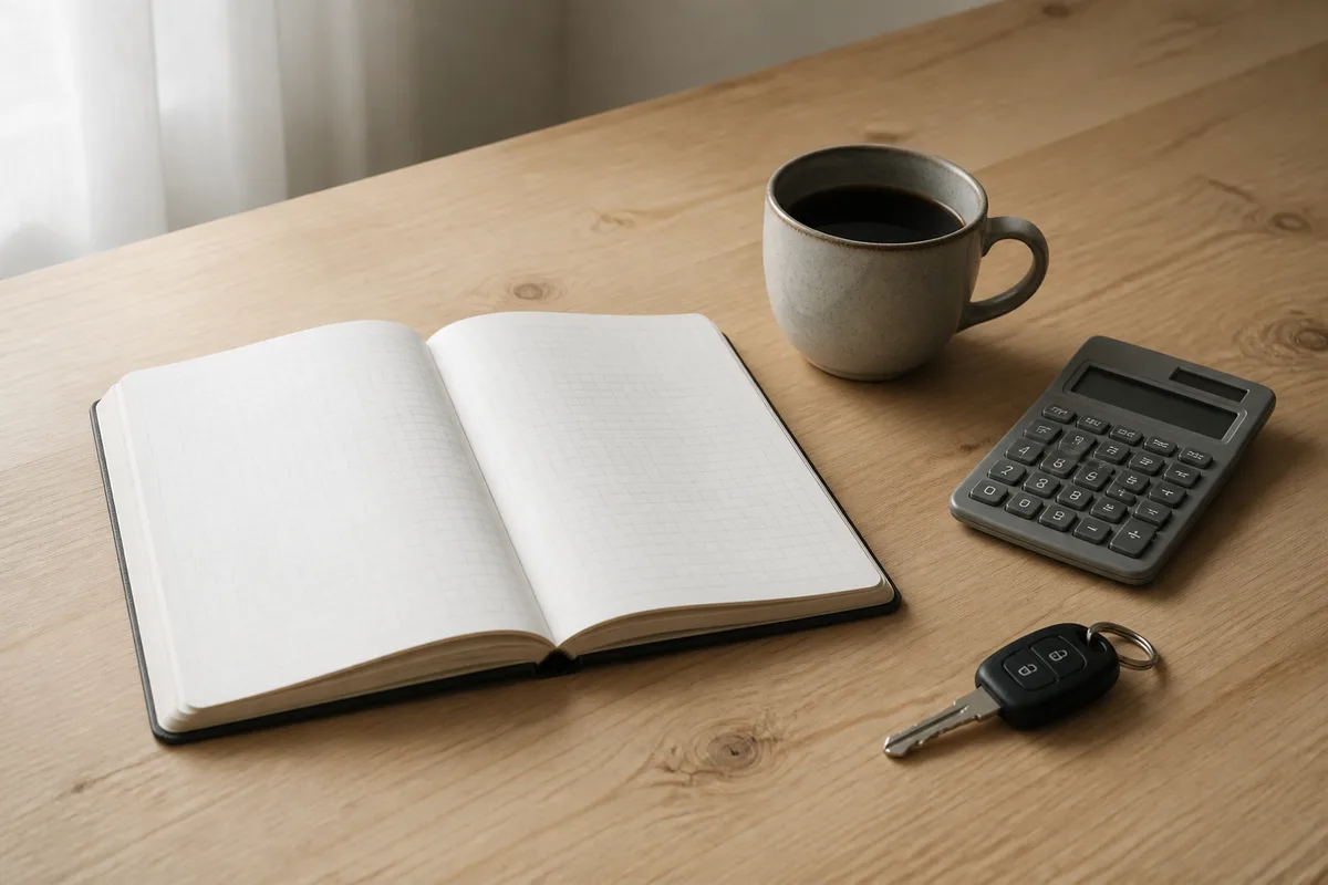 Un carnet de comptes et une calculatrice posés sur une table en bois clair