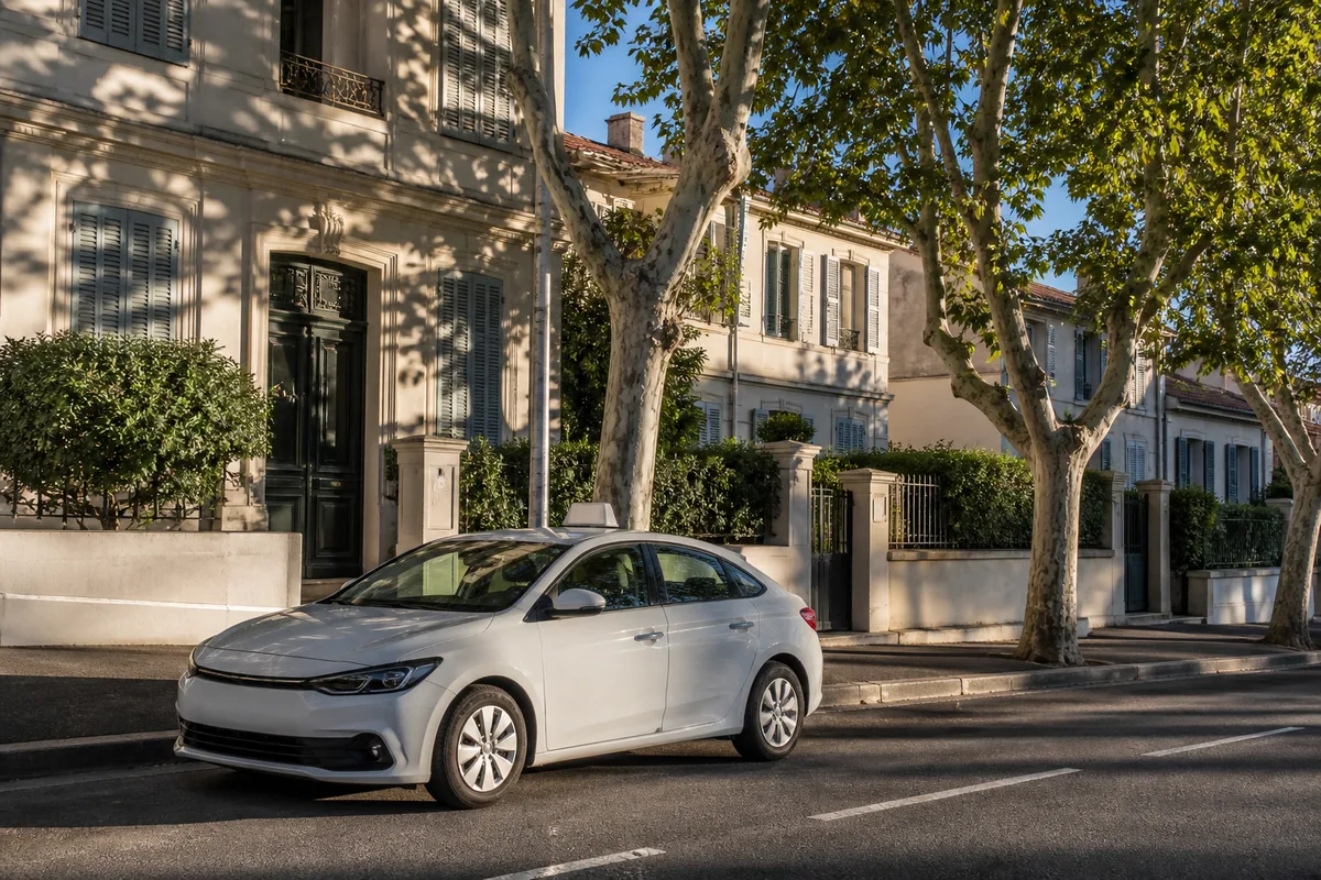 Une voiture d’auto-ecole stationnee dans une rue arboree en fin de journee