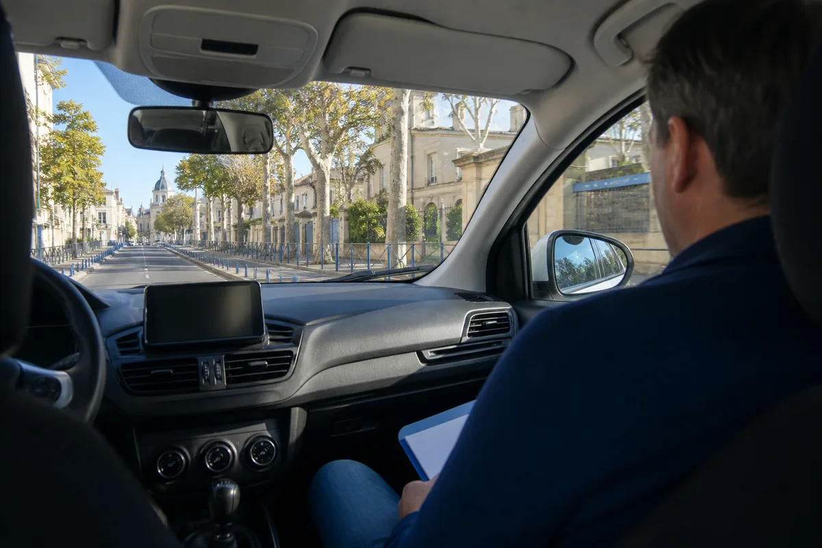 Un accompagnateur observe la route depuis le siège passager d&rsquo;un véhicule