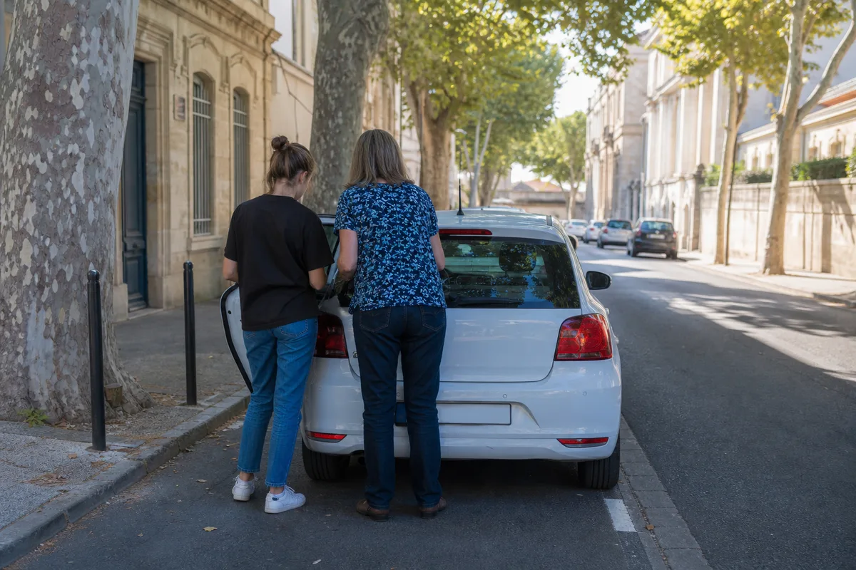 Un jeune conducteur et son accompagnateur avant un trajet sur route départementale