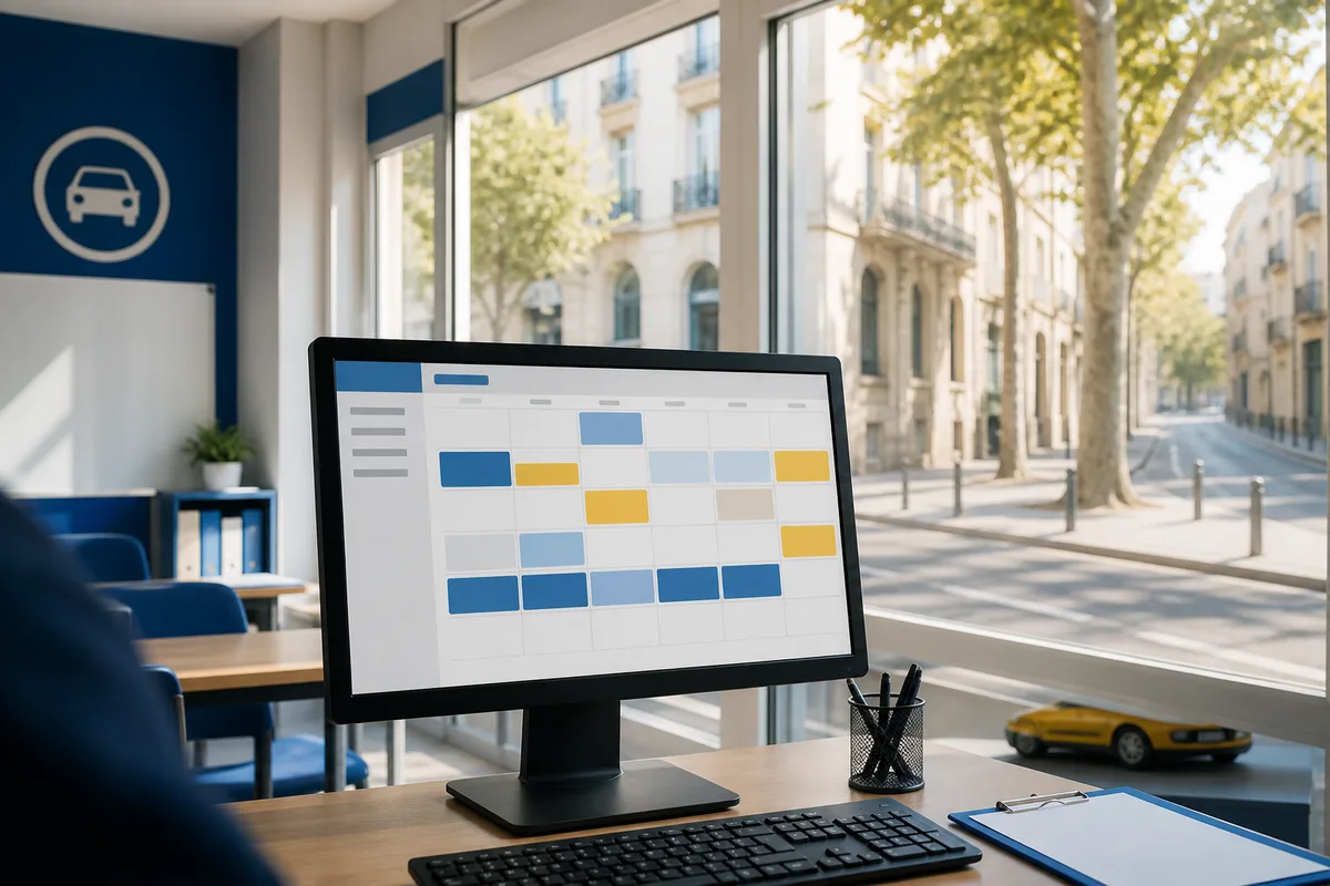 Un calendrier de leçons de conduite affiché sur un écran dans une salle de formation