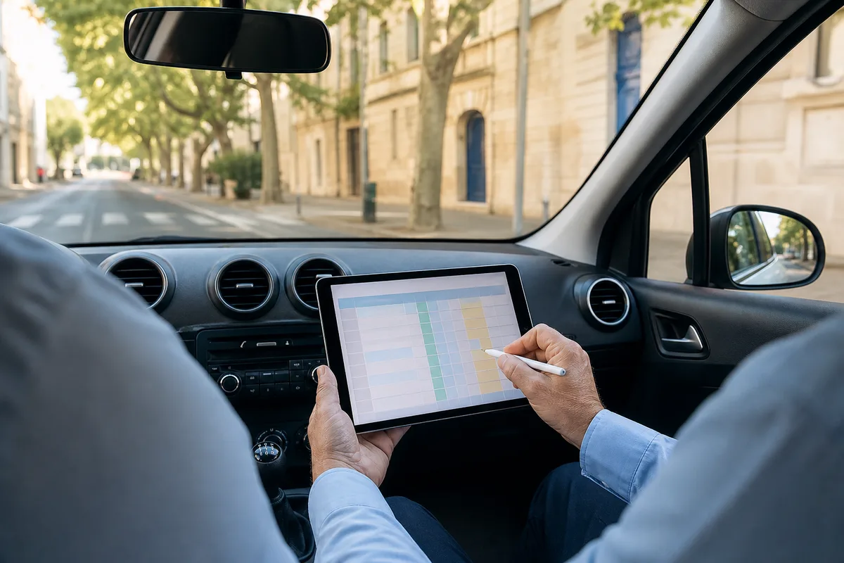 Un examinateur remplit une grille d&rsquo;évaluation sur tablette dans un véhicule