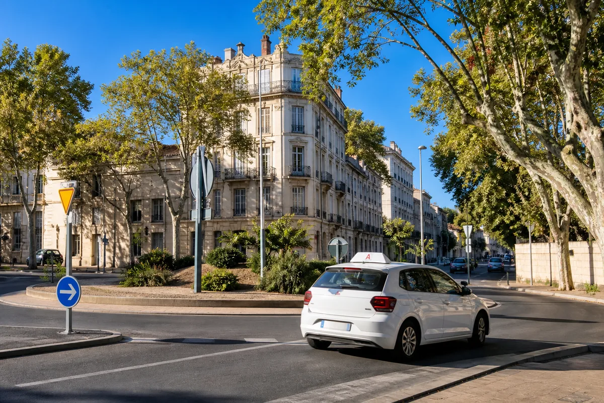Une voiture d&rsquo;apprentissage franchit un giratoire urbain sous un ciel dégagé