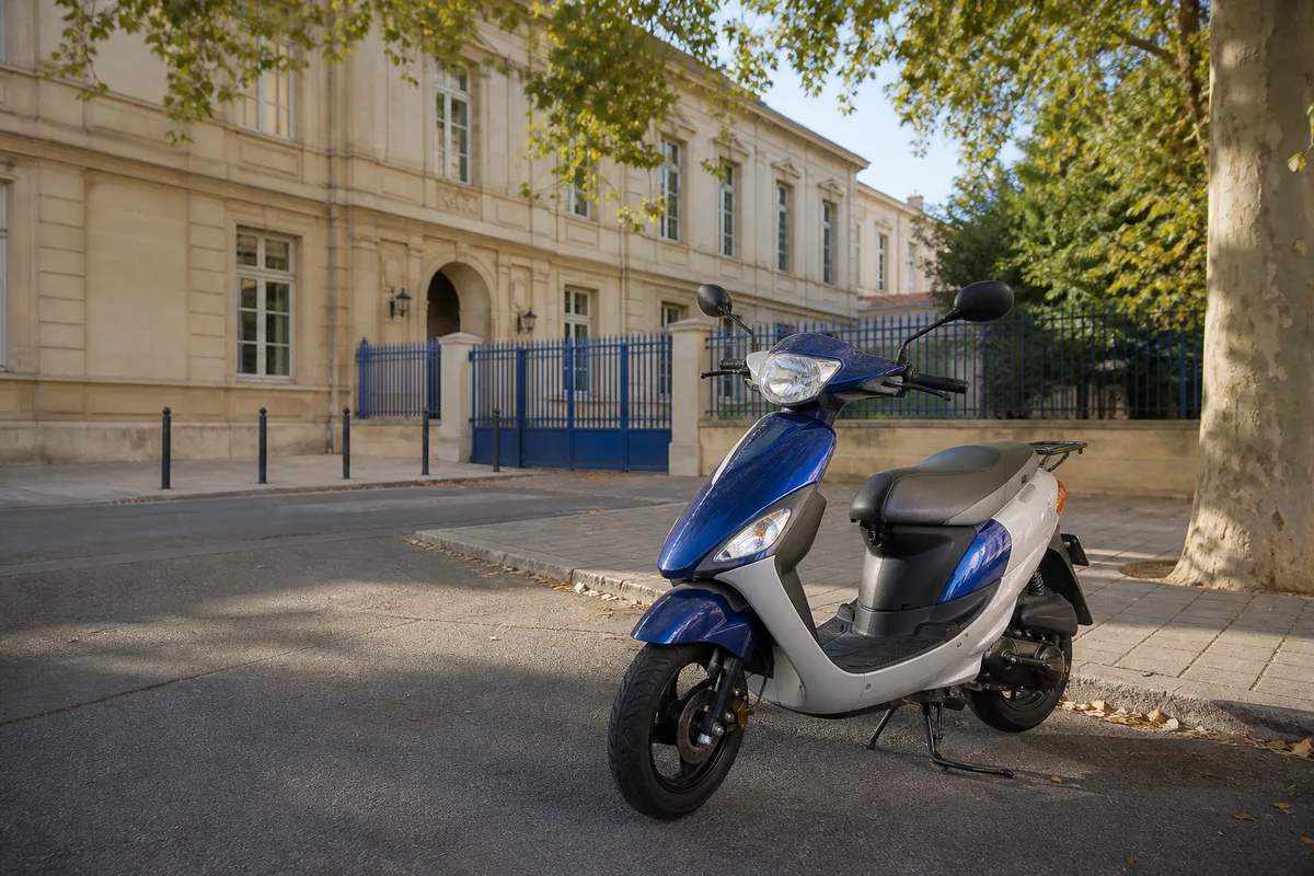 Un scooter 50 cm3 stationné devant un établissement scolaire en fin de journée