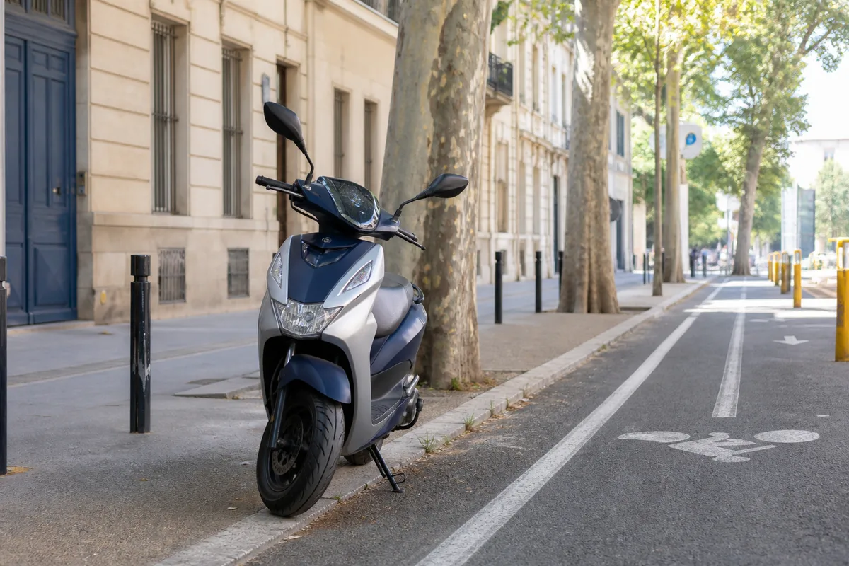 Un scooter 50 cm3 garé le long d&rsquo;une piste cyclable urbaine par temps clair