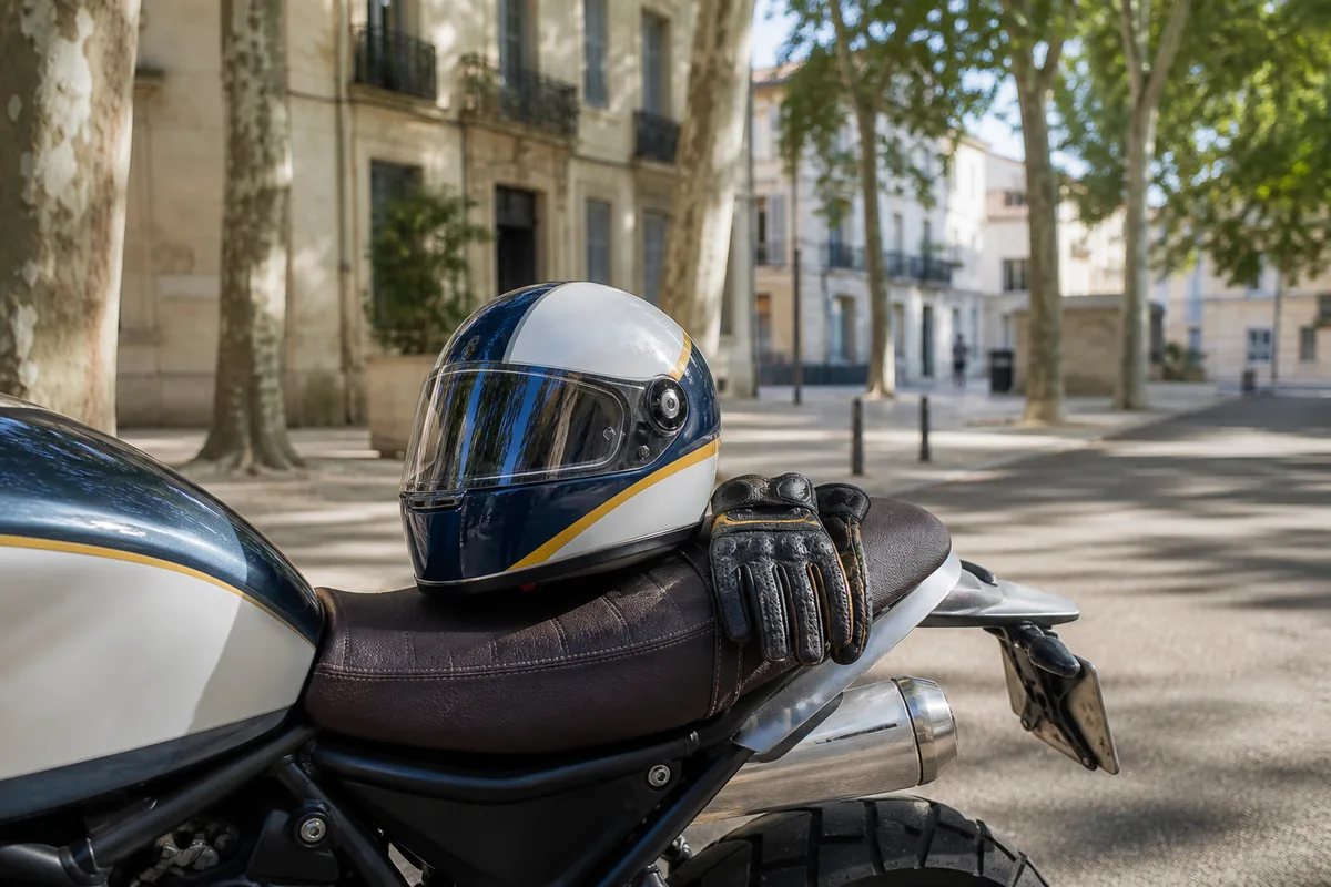 Un casque intégral et une paire de gants posés sur une selle de moto légère