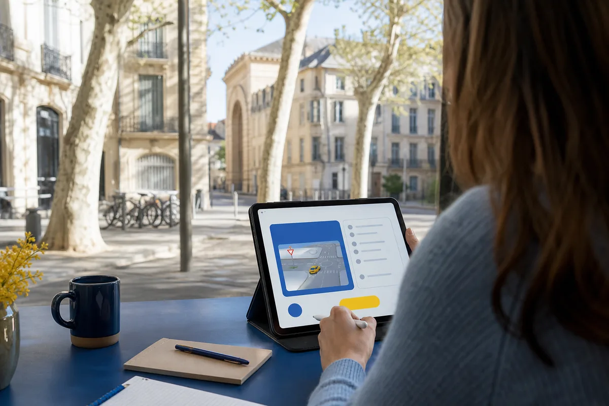 Un candidat révise des séries de code sur une tablette posée sur un bureau