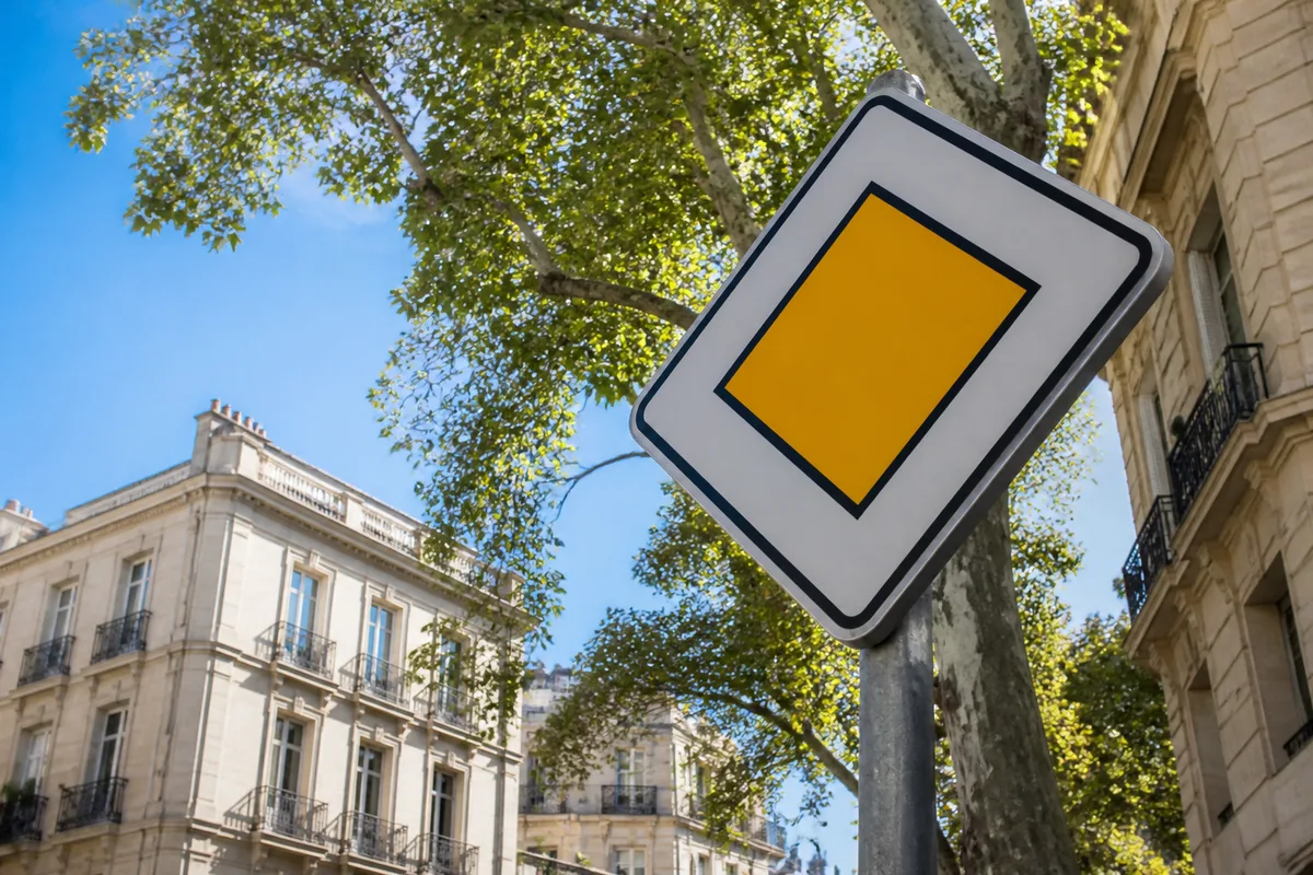 Un panneau de signalisation routière photographié en contre-plongée par temps clair